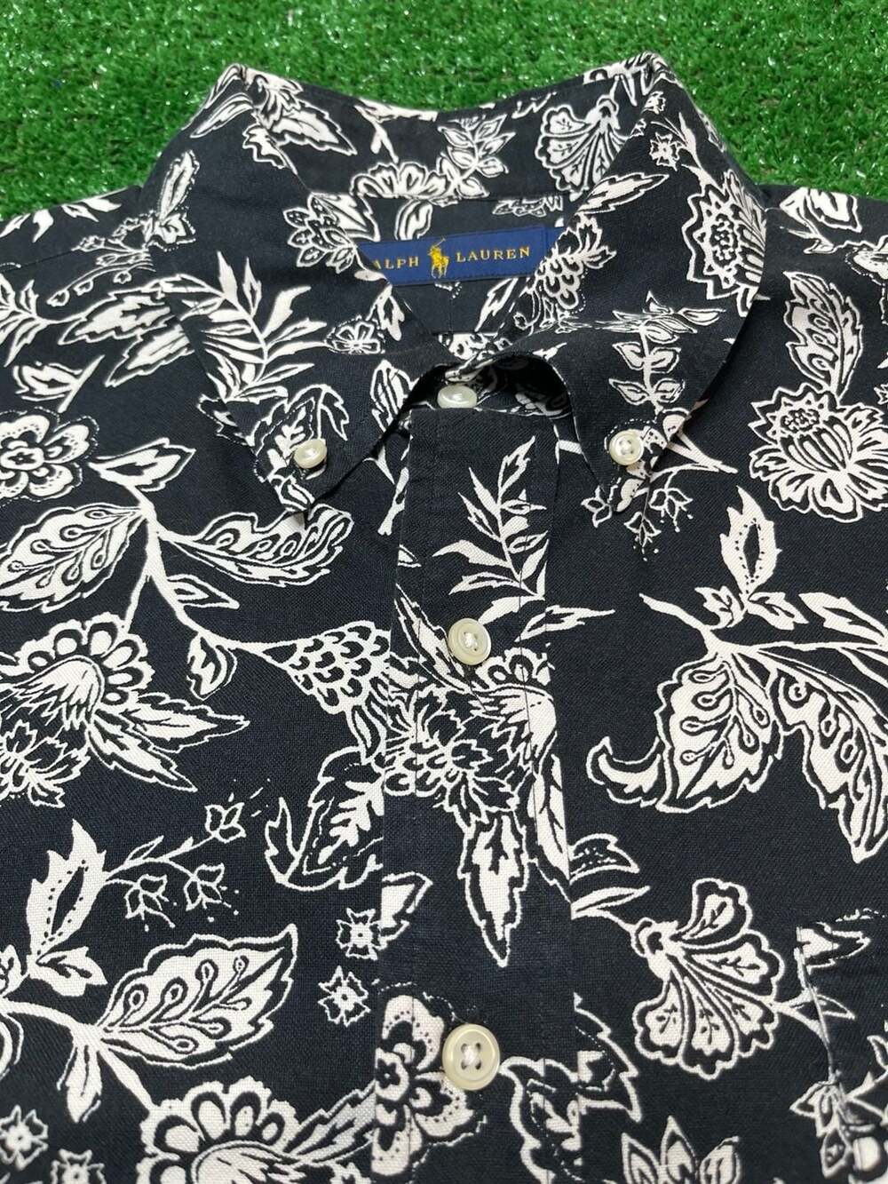 Ralph Lauren Floral Shirt Size XL Black White Short Sleeve Button-Down